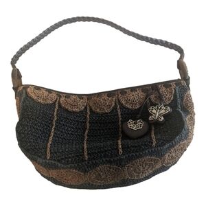 Brighton Womens Black/Brown Woven Bag with Wood & Leather Accents EUC